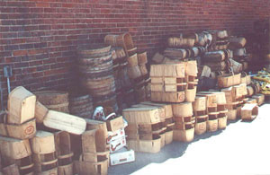 Baskets piled along a store